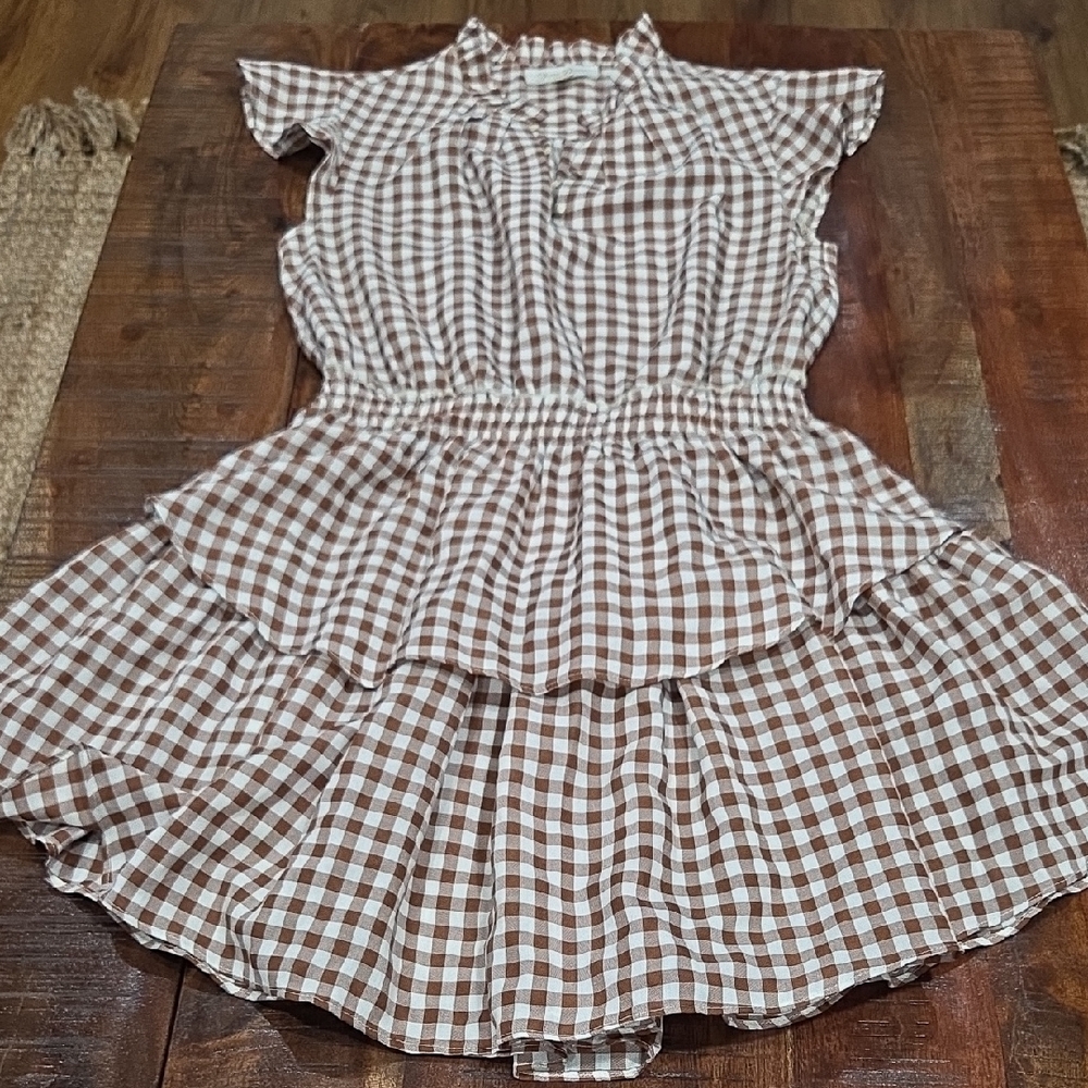 JB by Julie Brown Brown and White Gingham Tiered Dress